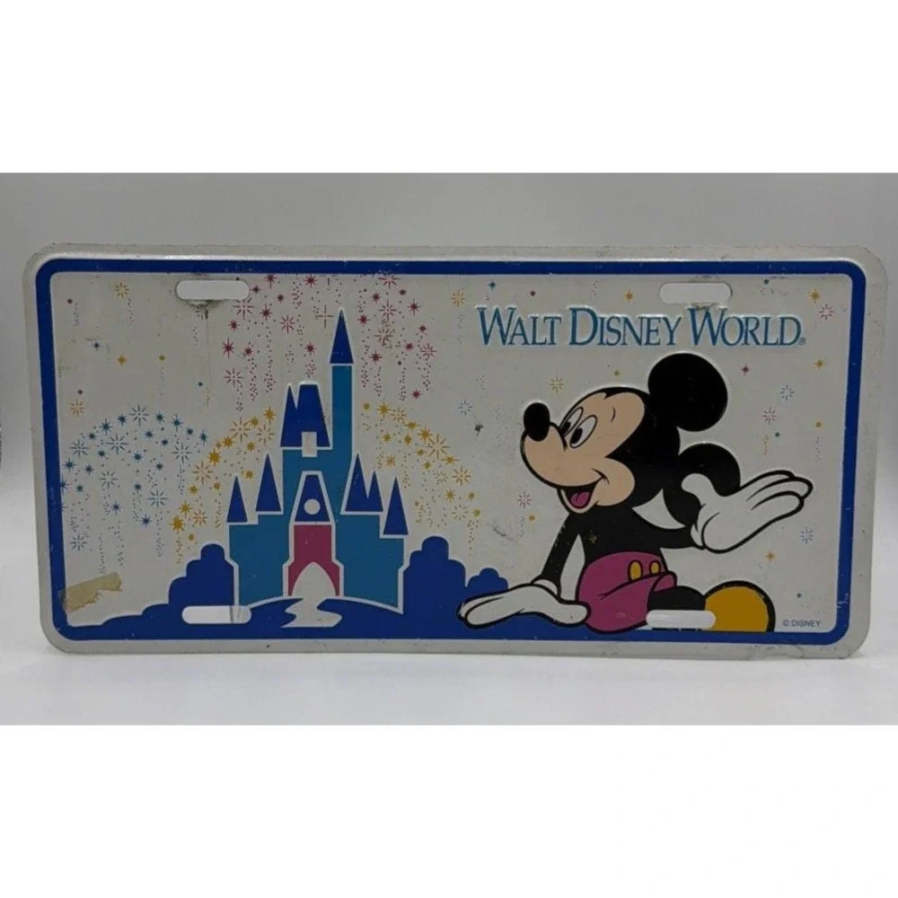 Vintage Walt Disney World Mickey Mouse & Castle Metal Booster License Plate